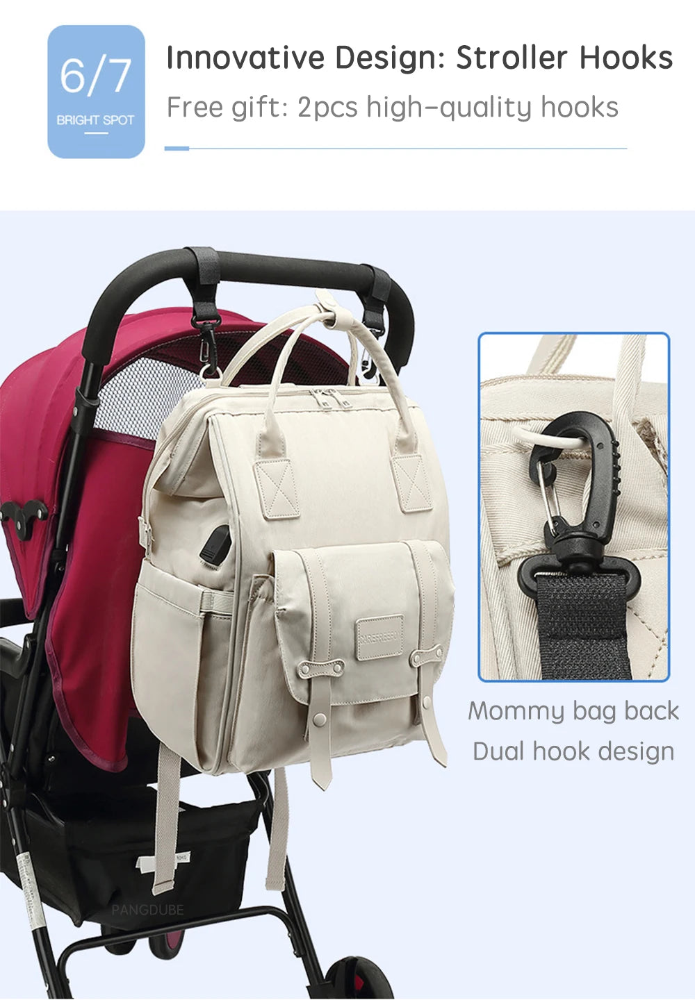 Mochila Impermeable de pañales con ganchos para cochecito