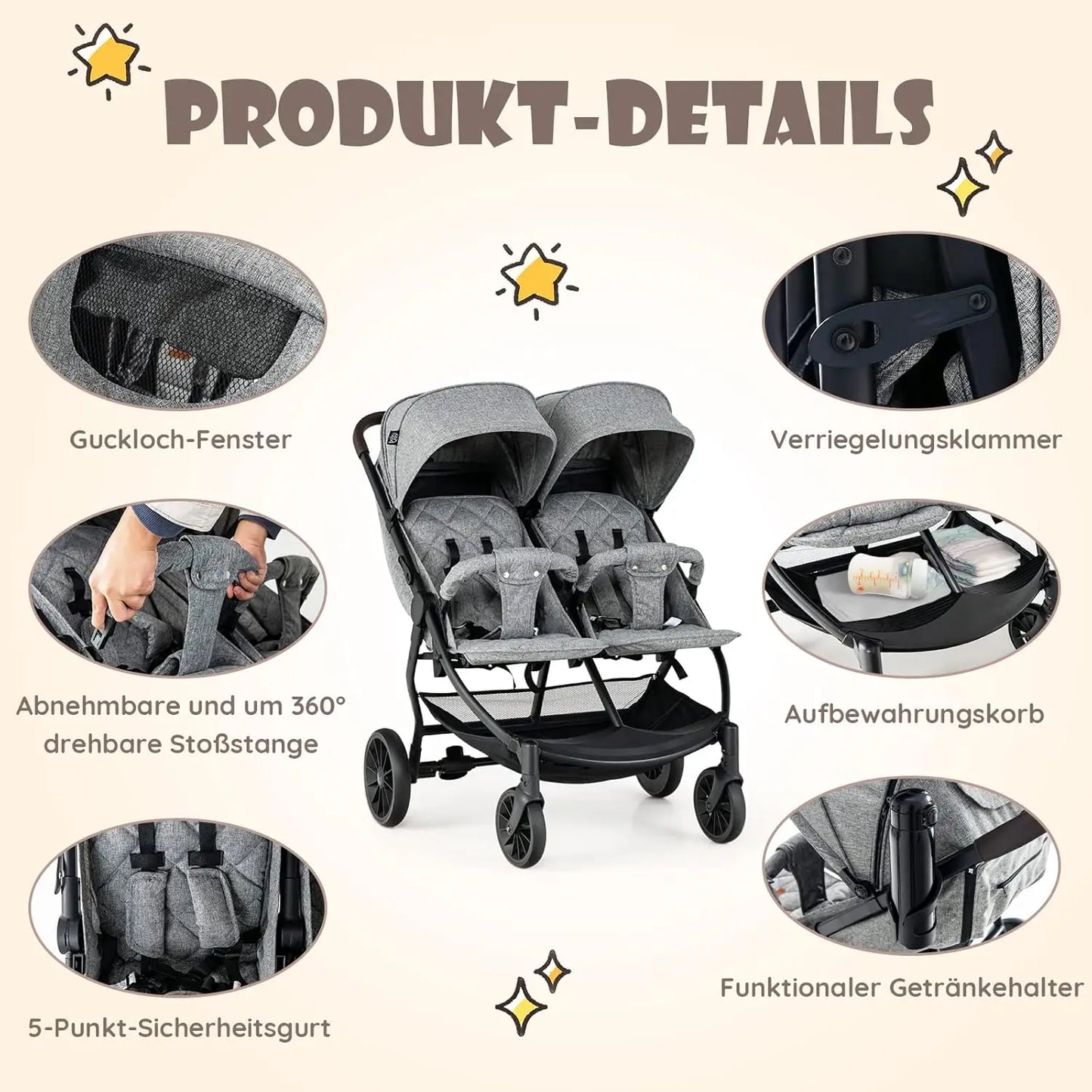 Cochecito Doble Plegable (0–3 años) – Gris