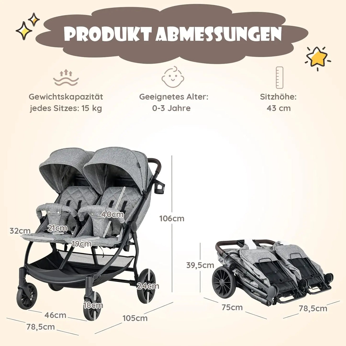 Cochecito Doble Plegable (0–3 años) – Gris