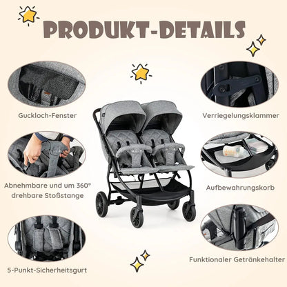 Cochecito Doble Plegable (0–3 años) – Gris