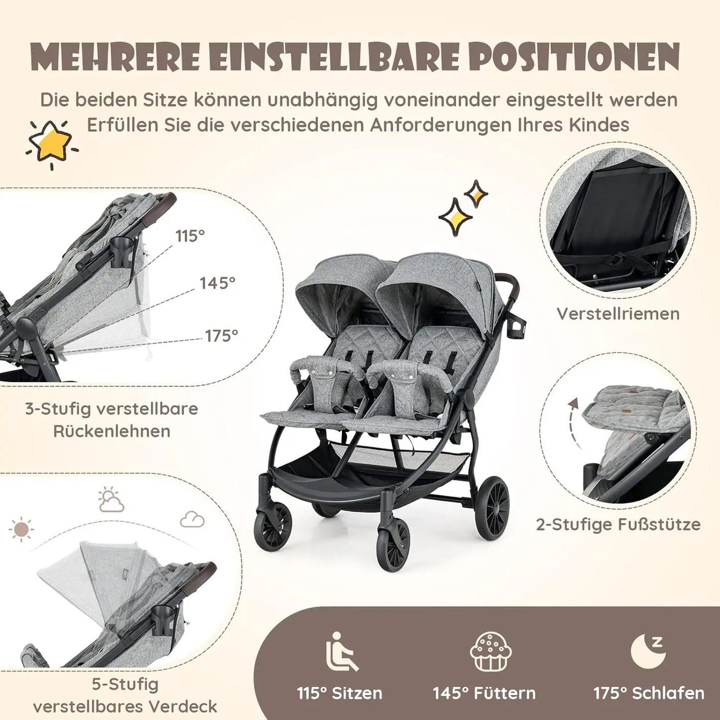 Cochecito Doble Plegable (0–3 años) – Gris