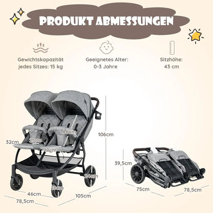 Cochecito Doble Plegable (0–3 años) – Gris